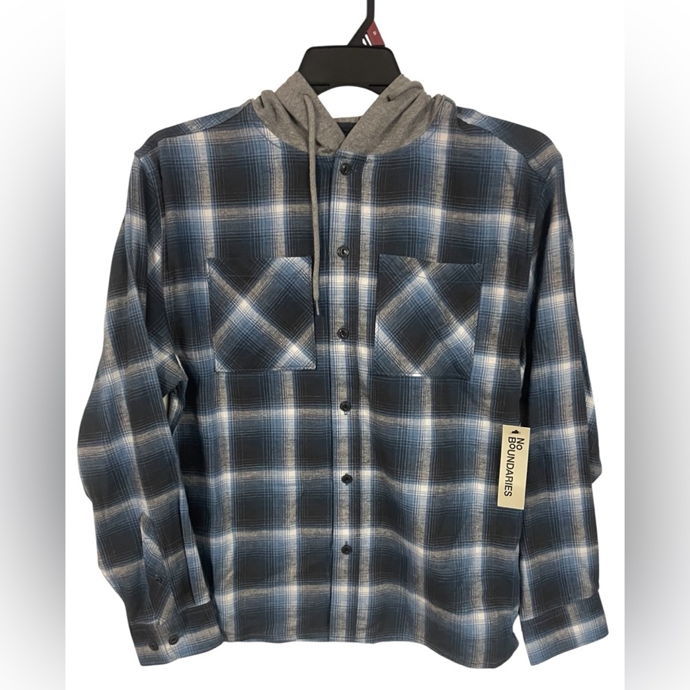 No Boundaries Hooded Flannel Shirt Blue‎ Plaid Oversized Cotton Mens Small NWT - Picture 6 of 10